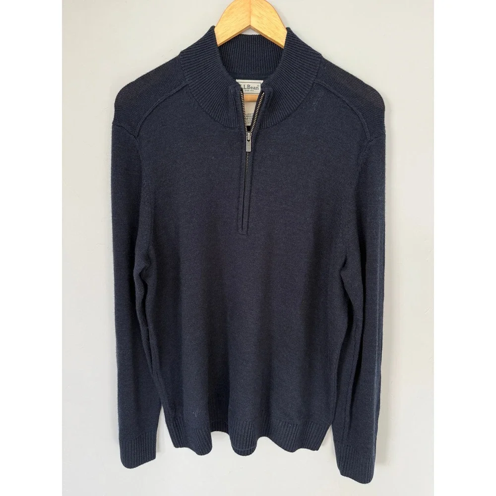 LL Bean‎ Mens Essential Merino 1/4 Zip Sweater Navy Heather Wool L 525913